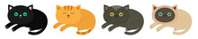 Lying Cat Icon Set Line. Siamese, Red, Black, Orange, Gray Color Cats In Flat Design Style. Cute Cartoon Character. Different Eyes. White Background. Isolated.