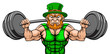 Leprechaun cartoon sports mascot weightlifter character lifting very large barbell weight