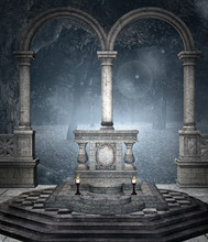 Ancient Altar In The Blue Forest – 3D Illustration