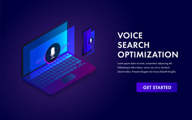 Poster - Voice search optimization isometric web concept, Search by Voice technology vector banner illustration for seo website template with laptop and mobile phone