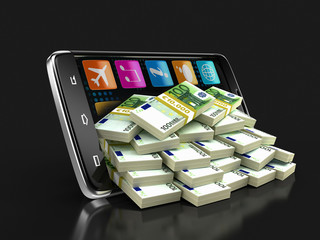 Poster - Touchscreen smartphone with pile of euros. Image with clipping path.