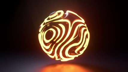 Poster - Glowing neon light sphere. Abstract background with futuristic shiny surface. Motion design template. 3d shape with strobing curly pattern. 3d loop animation. Seamless dynamic composition. 4K UHD