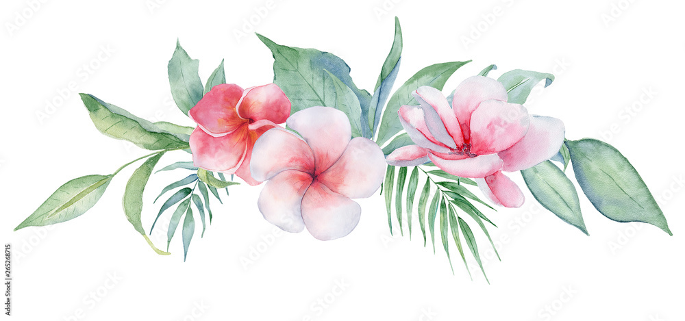 Tropical watercolor flowers and leaves. Exotic wreath isolated on white ...