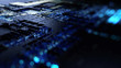 Circuit board futuristic server code processing. Orange,  green, blue technology background with bokeh. 3d Rendering