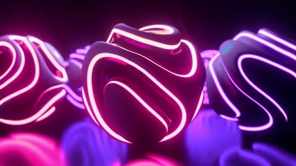 Poster - Glowing neon light spheres. Abstract background. Futuristic shapes with ultraviolet wavy ripples. Motion design template. Strobing curly pattern. 3d loop animation. Dynamic composition. 4K UHD