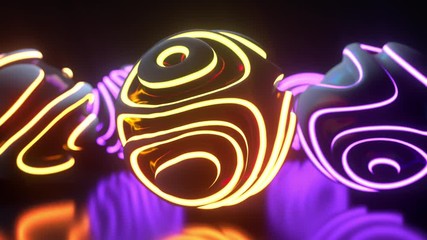 Poster - Glowing neon light spheres. Abstract background. Futuristic shapes with colorful wavy ripples. Motion design. Strobing curly pattern. 3d loop animation. Club party or night show concept. 4K UHD