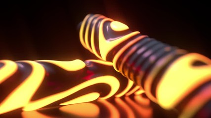 Poster - Glowing neon light shapes. Abstract background with futuristic burning surface. Motion design template. Cylinders with strobing curly pattern. 3d loop animation. Seamless dynamic composition. 4K UHD