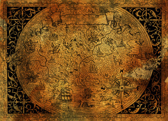 Wall Mural - Vintage fantasy world map with pirate ship, compass, dragons on old paper texture.
