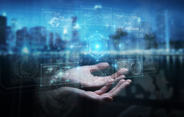 Aufkleber - Businessman using digital technological interface with datas 3D rendering