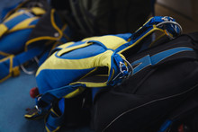 Details Of The Packed Parachute Before The Jump Close-up. Parachute Equipment.