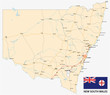 Road map of the Australian state New South Wales map with flag