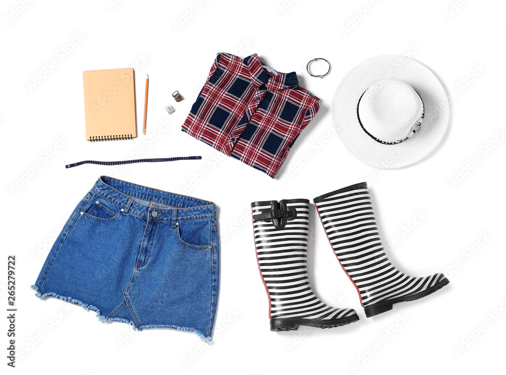 Set of female clothes and accessories on white background