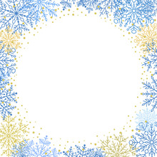 Winter Frame With Blue And Yellow Arabesques And Snowflakes. Fine Greeting Card. Pattern With Snowflakes