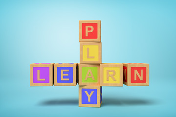 Fototapete - 3d rendering of colorful alphabet toy blocks making LEARN and PLAY signs on blue background
