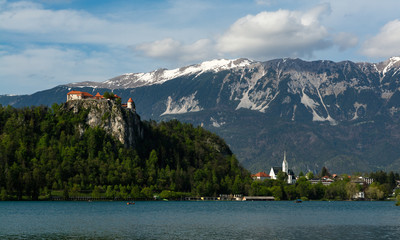 Bled lake and castle (Blejskj Grad,Slovenia), Julian alps on the background