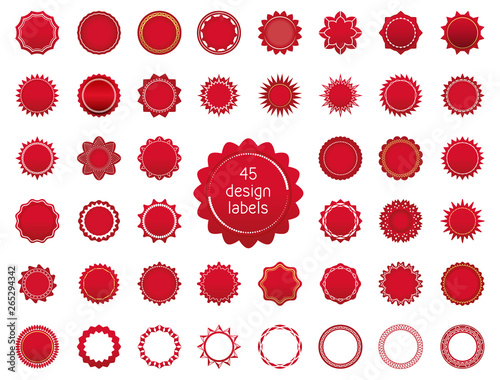 Set of red labels. Circular shapes. Template tags for discounts and other.