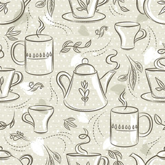 Beige seamless patterns with tea set, cup, tea pod, leafs, flower and text.Background with coffee set. Ideal for printing onto fabric and paper or scrap booking.