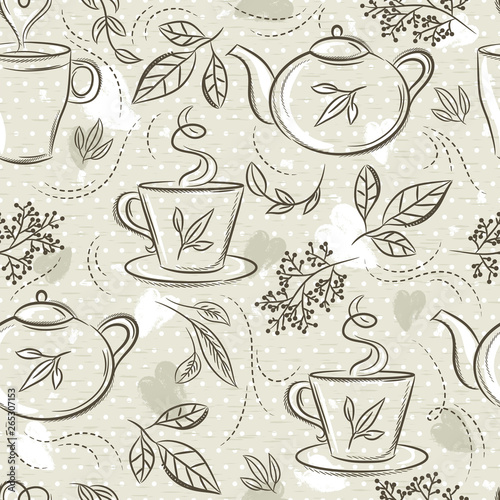 Dekoracja na wymiar  bezowe-bezszwowe-wzory-z-zestawem-do-herbaty-filizanka-strakiem-herbaty-liscmi-kwiatem-i-tekstem-tlo-z