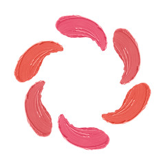 Wall Mural - Lipstick strokes set, make up swatch in different shades of trendy coral and pink color isolated on white background.