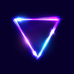 Wall Mural - Triangle background. Glowing neon sign with blue and pink light effects. Retro 80s style laser shining border with space for your text business presentations. Illuminated bright vector illustration.