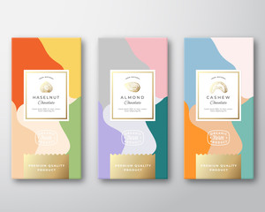 Wall Mural - Hazelnut, Cashew and Almond Chocolate Labels Set. Abstract Vector Packaging Design Layout with Soft Realistic Shadows. Modern Typography, Hand Drawn Nuts Silhouettes and Colorful Background.