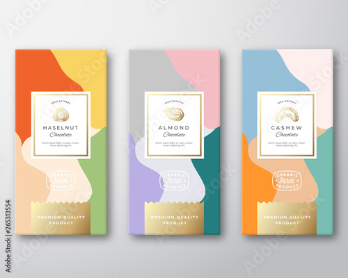 Download Hazelnut Cashew And Almond Chocolate Labels Set Abstract Vector Packaging Design Layout With Soft Realistic Shadows Modern Typography Hand Drawn Nuts Silhouettes And Colorful Background Buy This Stock Vector And Explore Yellowimages Mockups
