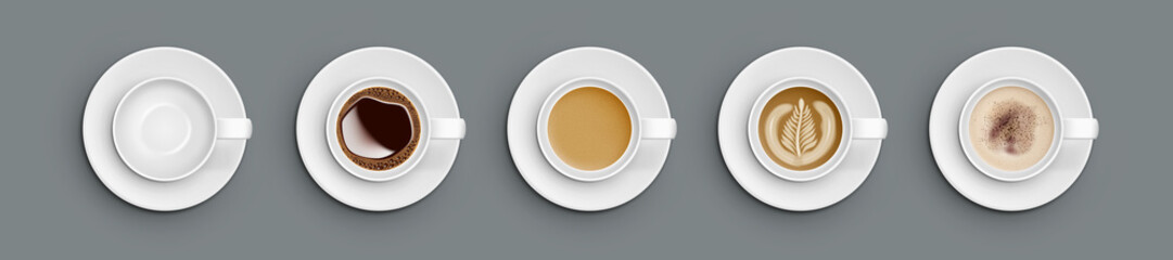 Realistic White Cups With Coffee. Top View