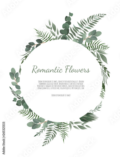 Floral wreath with green eucalyptus leaves, flower rose, anemone . Frame bord...