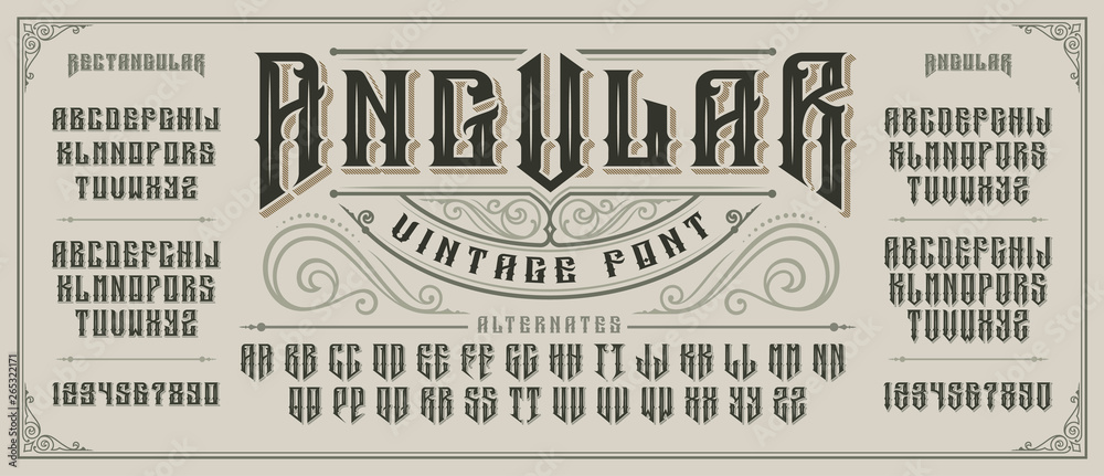 Angular display font with serifs and drop shadow in old style. - obrazy, fototapety, plakaty 