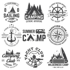 Wall Mural - Set of Summer camp and sailing badges. Vector. Concept for shirt or print, stamp. Vintage typography design with trailer, camping tent, sea anchors, hand wheel, compass sextant silhouette