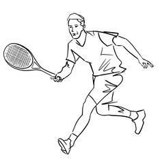 Wall Mural - Male tennis player with racket. Isolated black contour. Vector graphic illustration. Abstract hand drawn silhouette. Line drawing. Man playing tennis. Athlete in active pose. Professional sport, hobby