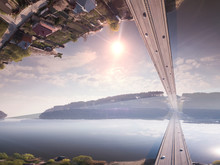 Abstract Image Of Modern Urban Bridgh Road Car Located Upside Down On The Sky Background