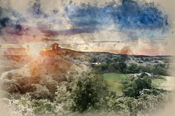 Watercolour painting of Castle ruins landscape at sunrise with inspirational sunburst behind castle