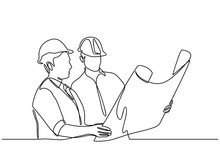 Continuous Line Drawings Of Some Construction Workers Wearing Helmets That Stand At Meetings And Discuss. Vector Illustration Isolated On White Background