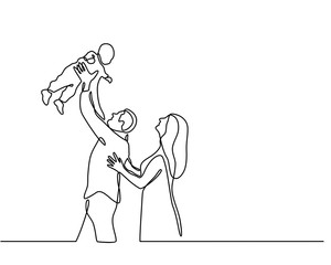 Continuous line drawing of happy family father, mother and one child playing. vector illustration isolated on white background