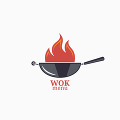 Wall Mural - Frying pan design menu. Wok with fire flame