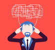 Man with confused thoughts unable to think clearly for decision. Complicated and chaotic ideas in disorder, manager perplexed with tasks, head full of problems. Vector illustration, faceless character