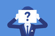 Anonymous man with question mark. Male person not identified by name, unknown user, incognito profile, business secrecy, obscurity, blind date partner. Vector illustration, faceless character
