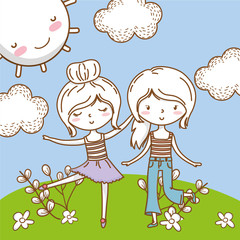 Wall Mural - Cute couple girls friends colorful nature background