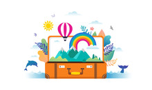 Travel, Tourism, Adventure Scene With Open Suitcase, Leaves, Rainbow And Miniature People, Modern Flat Style. Vector Illustration