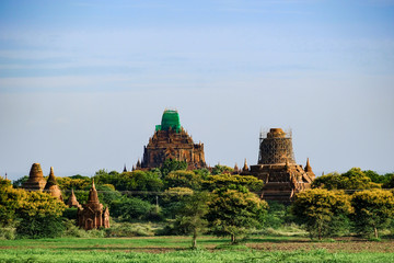 Beautiful morning ancient temples and pagoda in the Archaeological Zone, landmark and popular for tourist attractions and destination in Bagan, Myanmar. Asia Travel concept