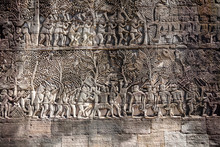 Bas Reliefs At Bayon Temple Depicting The Battles Between Khmers And Their Traditional Enemies The Chams, Angkor Thom, Siem Reap, Cambodia