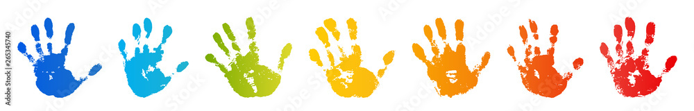 Hand rainbow print isolated on white background. Color child handprint. Creative paint hands prints. Happy childhood design. Artistic kids stamp, bright human fingers and palm. Vector illustration - obrazy, fototapety, plakaty 