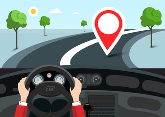 Wall Mural - Car Navigation with Red Pin on Destination Point. Vector Flat Design Landscape with Road and Hands on Steering Wheel.