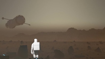 Wall Mural - astronaut in a space suit walks into the middle of frame on a mars like planet as a large futuristic