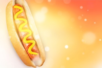 Poster - Barbecue Grilled Hot Dog with Yellow Mustard on white background