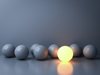 Fototapete - Stand out from the crowd and Leadership creative idea concepts One luminous sphere shining among other dim spheres on white background in the dark with reflections and shadows 3D rendering