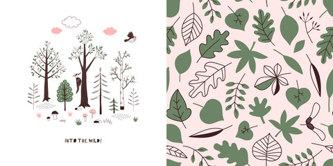 Forest wildlife childish fashion textile graphics set with t-shirt print and accompanied tileable background in decorative Scandinavian style. Woody landscape scene illustration. Woodland Tree Leaves