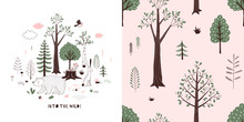 Forest Wildlife Childish Fashion Textile Graphics Set With T-shirt Print And Accompanied Tileable Background In Decorative Scandinavian Style. Woody Landscape Scene With Cute Bear Illustration