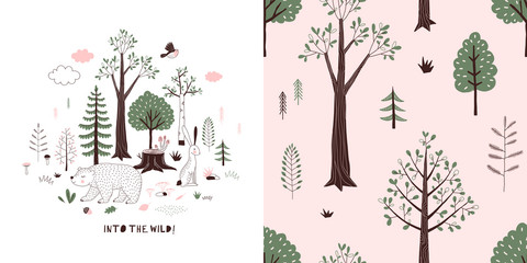 forest wildlife childish fashion textile graphics set with t-shirt print and accompanied tileable ba